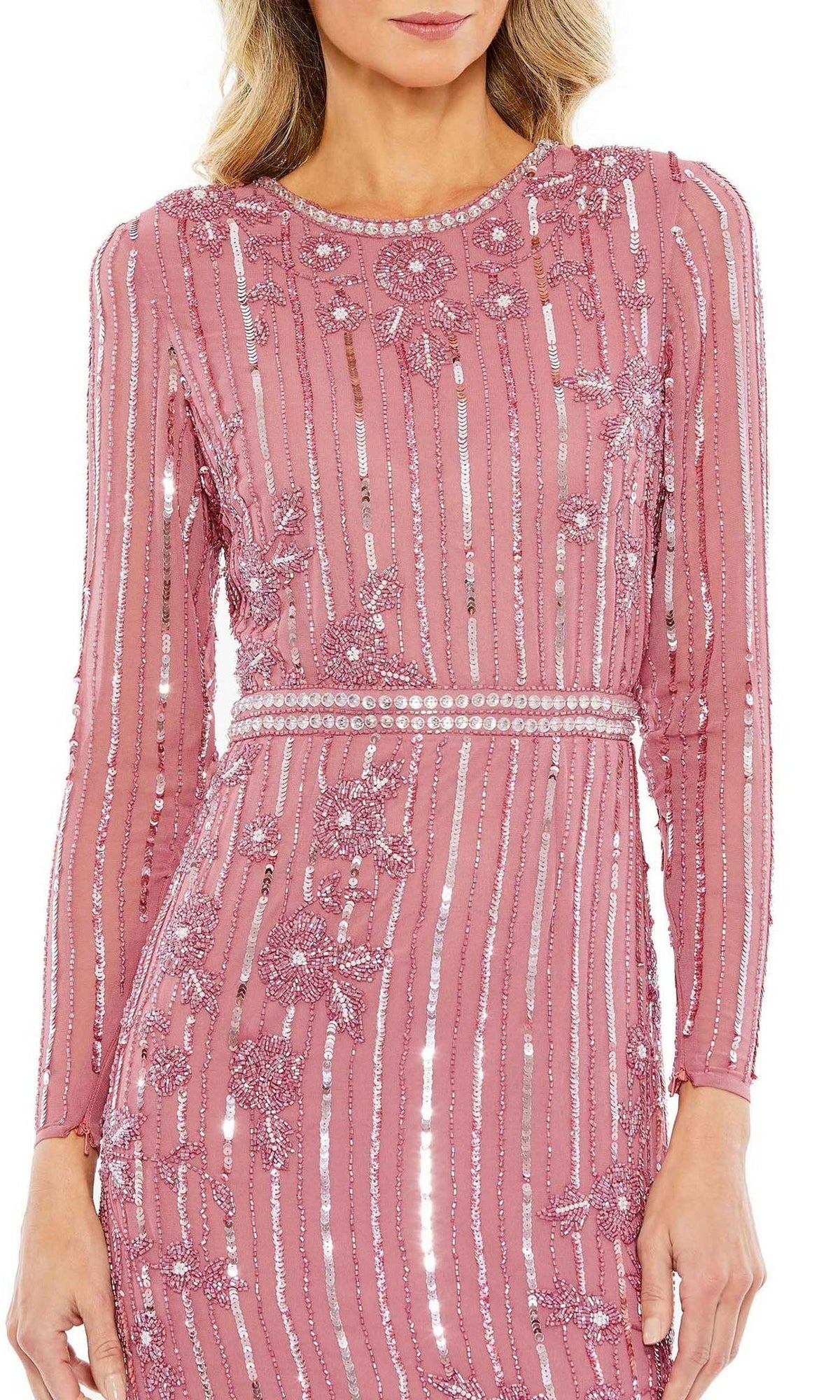 Woman wearing the Midi Sequin Wedding Guest Dress: Mac Duggal 93627, a long sleeve dress with pink sequin and beaded vertical stripes and floral patterns.